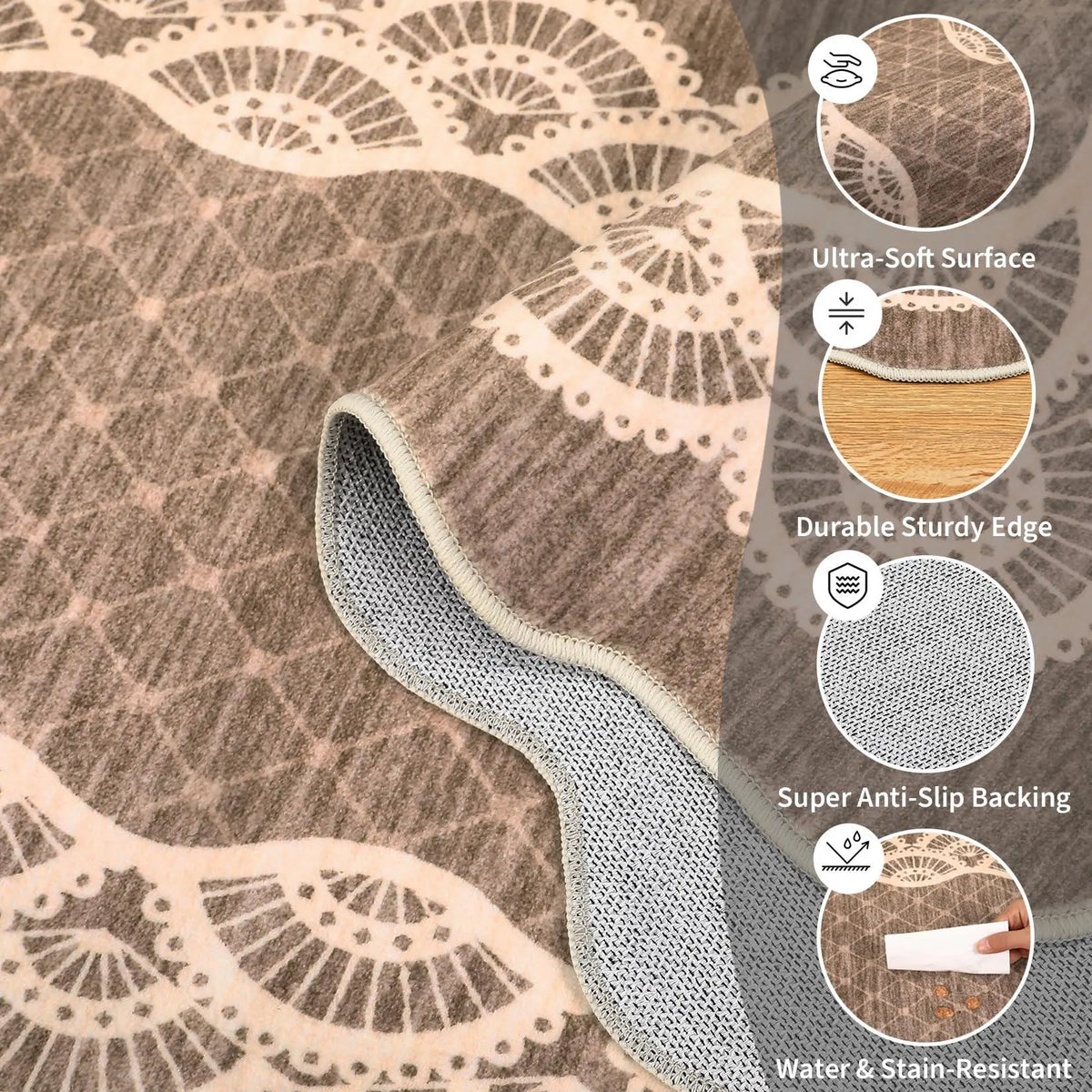 Scalloped Washable 8x10 Rugs for Living Room, Large Modern Bedroom Carpet with Non-Slip Backing, Non Shedding Low Pile Neutral Rug, Washable Scalloped Carpet for Farmhouse, Brown