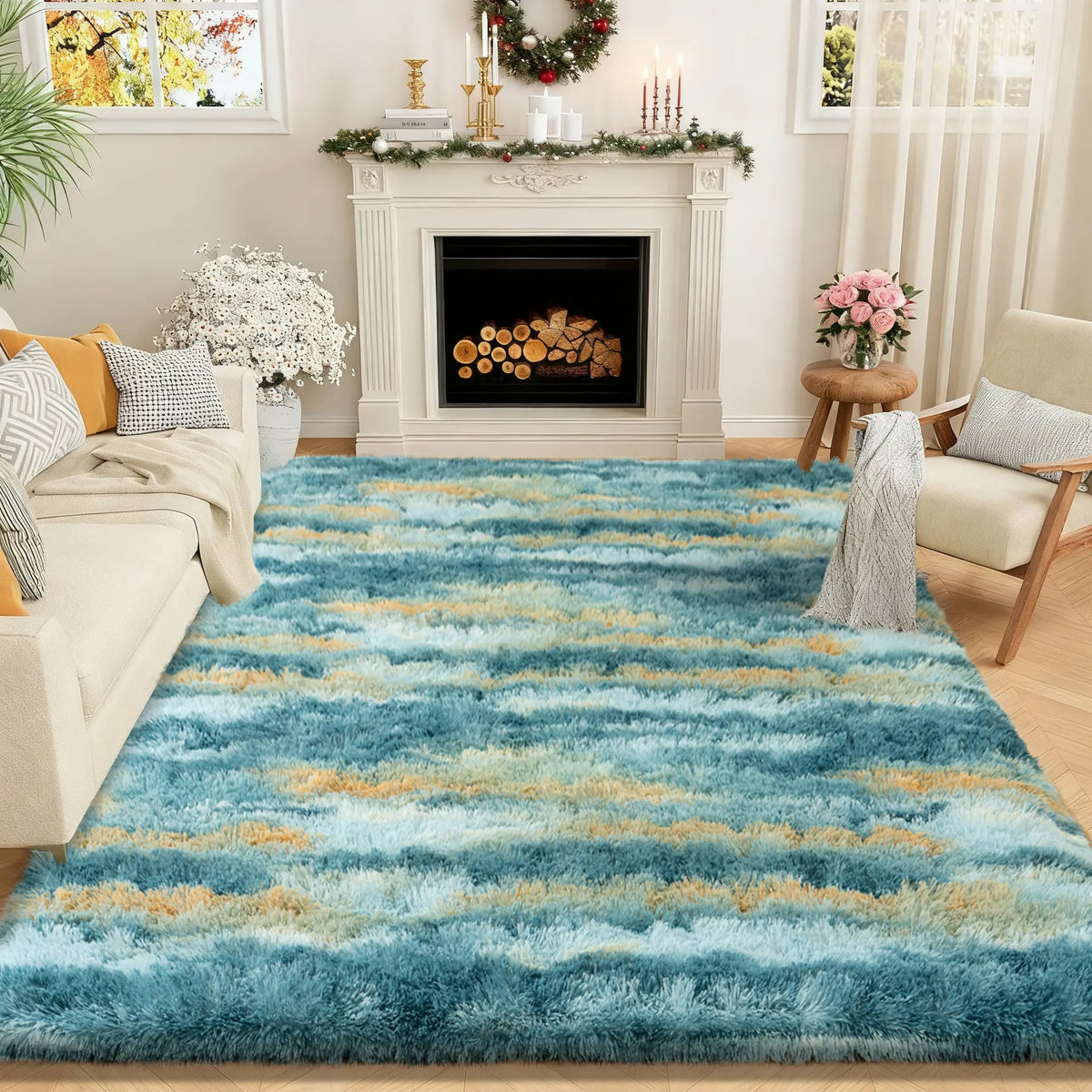 Rezutan Polyester Fluffy Non-Slip Shag Area Rug, Large Soft Unisex Household Item for Living Room & Bedroom, Aesthetic Home Decor, Room Decor