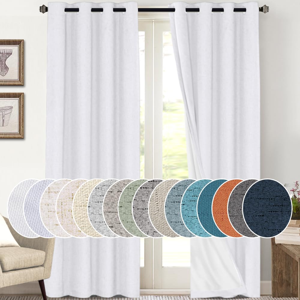 PrinceDeco Natural Linen Curtains 100% Blackout Linen Curtains for Bedroom Full Blackout Curtains 84 Inches Long Living Room Thermal Insulated Light Blocking Curtain Drapes White Backing, 2 Panels