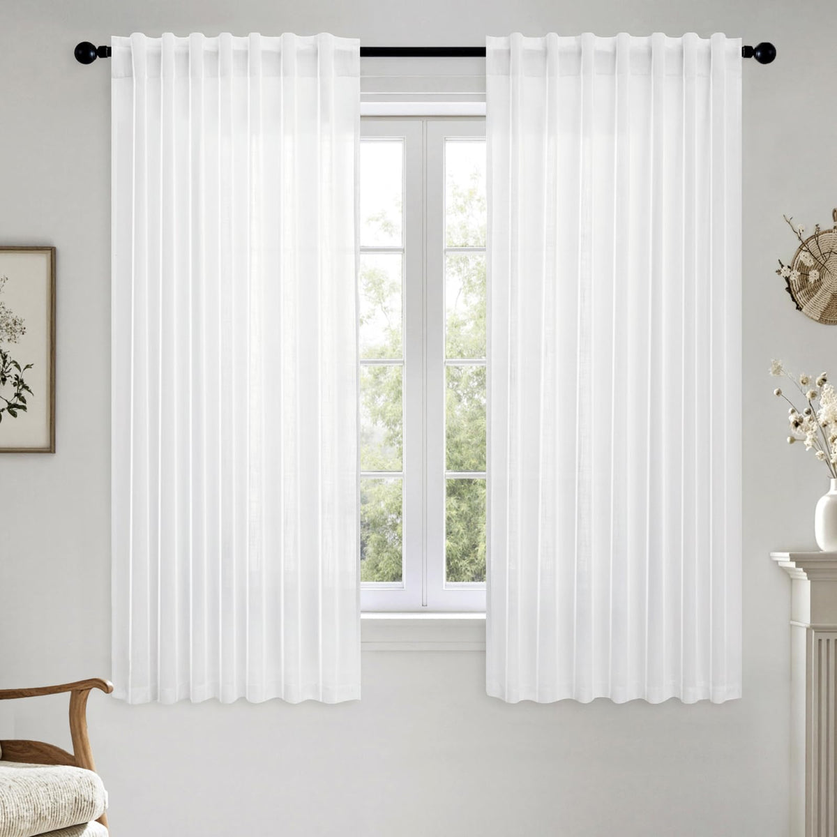 MIULEE Natural White Linen Curtains 52x84 Inch Long for Bedroom Living Room