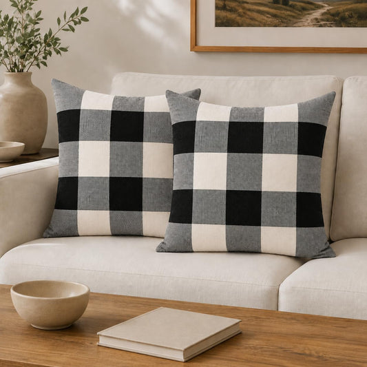 VAKADO Outdoor Plaid Throw Pillow Covers 18x18 Set of 2, Black & White