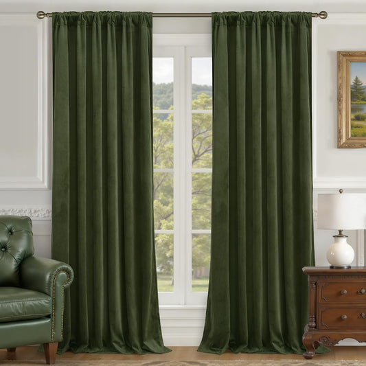 LAMIT Olive Green Velvet Curtains 84 Inch Length for Living Room, 2 Panels