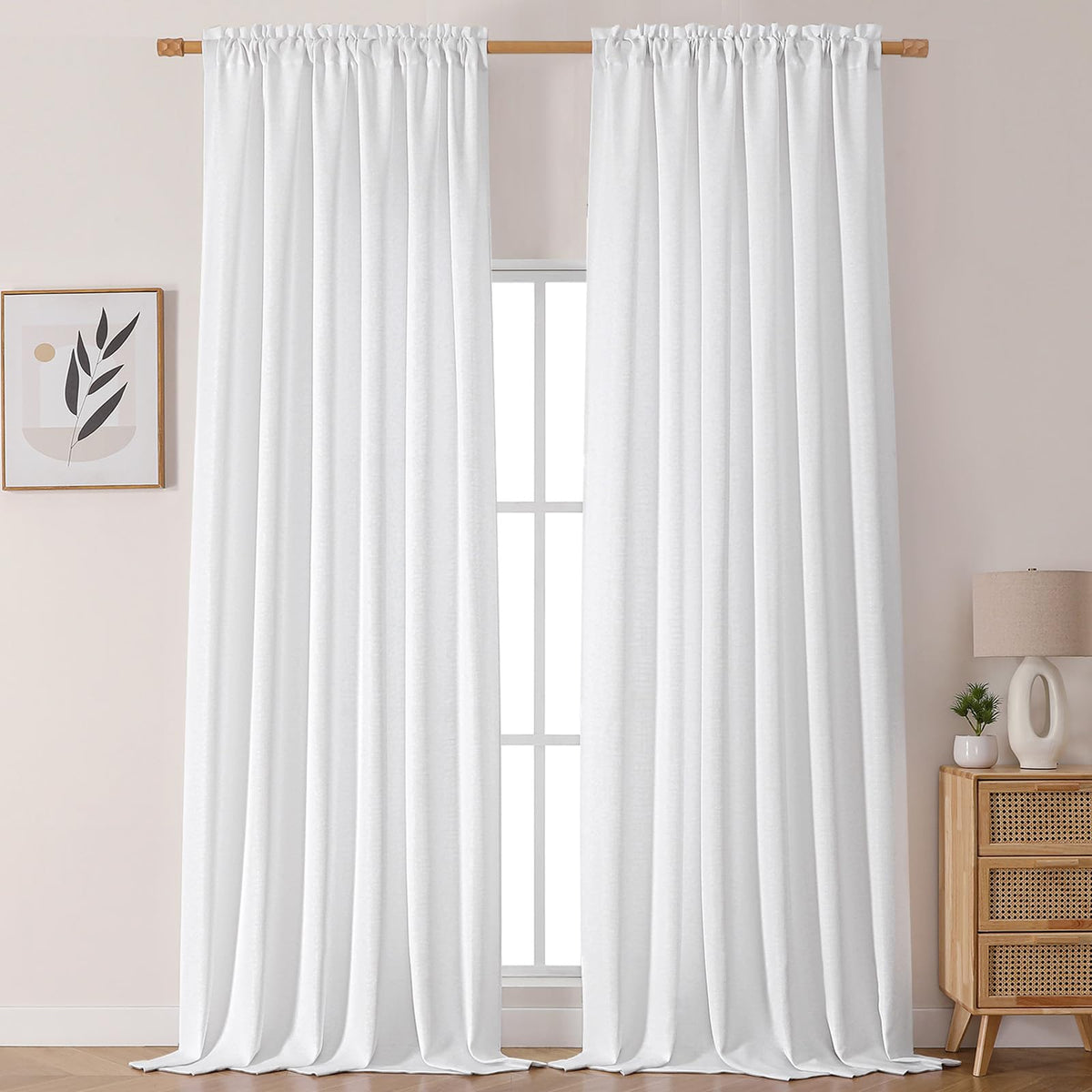 Chyhomenyc White Curtains 45 Inch Length 2 Panels, Faux Linen Textured