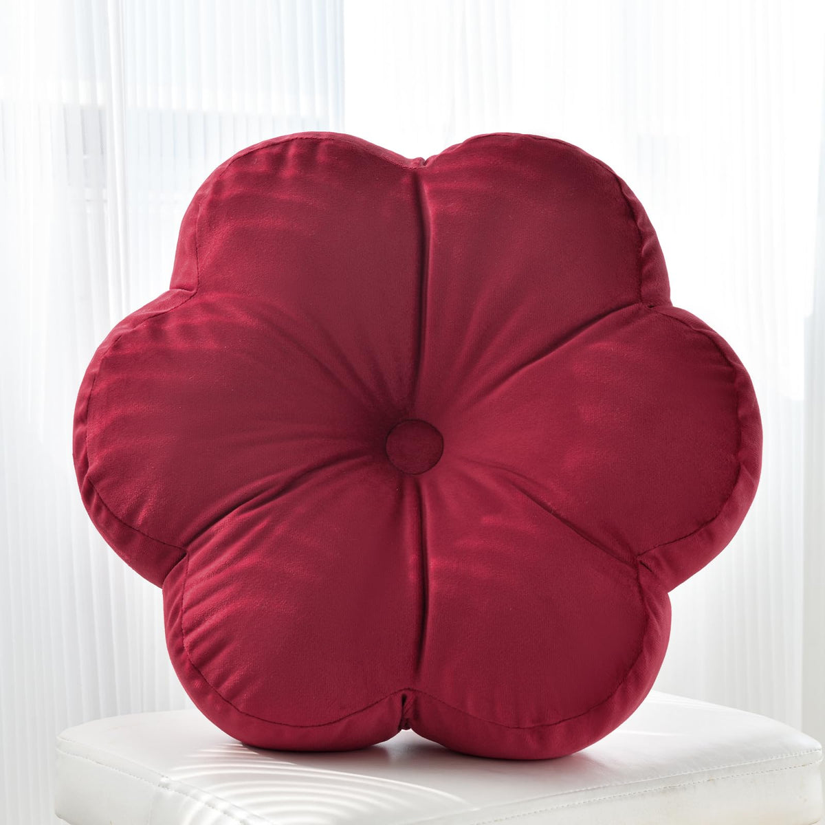 Flower Shaped Round Throw Pillow, Decorative Seat Cushion, 15", Ivory White