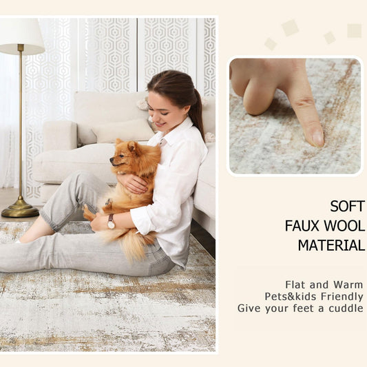 famibay 5x8 Area Rug, Abstract Washable Rugs for Living Room Low Pile Neutral Area Rug for Bedroom Aesthetic Non Slip Rubber Backed Carpet Rugs for Living Room Bedroom Dining Room(Beige/Camel)