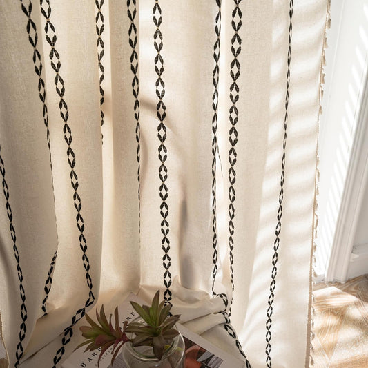 Deeprove Black and White Boho Curtains 84 inches Length for Living Room Bedroom Nursery, Vintage Chic Bohemian 84 inches Long Stripe Embroidery Farmhouse Tassel Privacy Window Decor W52 x L84, 1 Panel