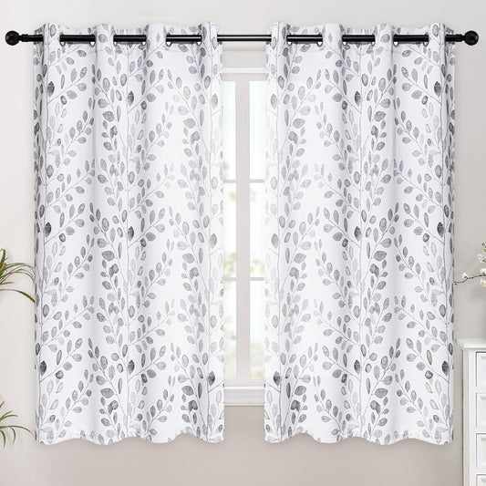 MYSKY HOME Grey Leaf Curtains 63 Inch Length for Bedroom Grommet 2 Panels