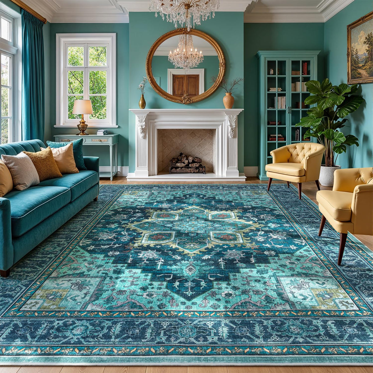 Sage Green 8x10 Area Rug for Living Room, Vintage Boho Large Carpet
