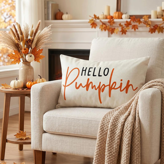 Artscope Hello Pumpkin Beige Lumbar Throw Pillow Cover 12x20 Inch Fall Decoration Cushion Cover Thanksgiving Farmhouse Pillow Case for Home Sofa Couch Decor