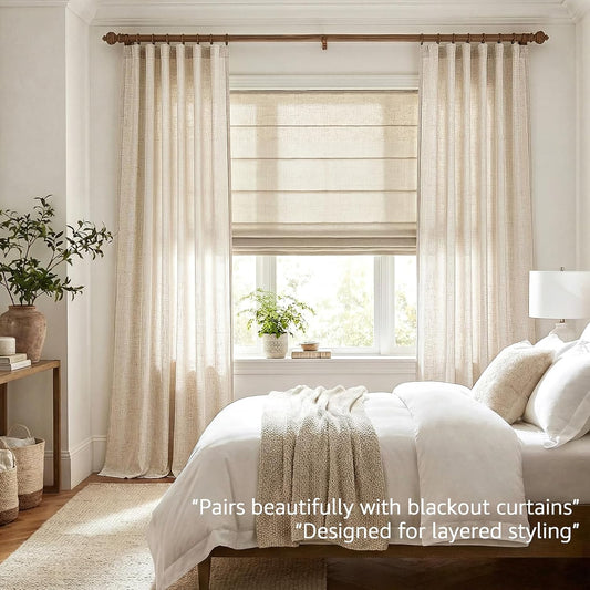 jinchan Linen Curtains Light Filtering Back Tab 50x96 Inch 2 Panels Beige