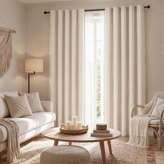 Boho 100% Blackout Curtains 84 Inch 2 Panels Linen Blend Beige