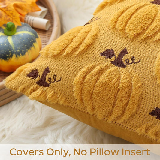 Artscope Fall Pumpkin Throw Pillow Covers 18x18 Set of 2, Autumn Soft Plush Faux Fur Decoration Cushion Covers for Thanksgiving Holiday Couch Sofa Bedroom Home Decor-Mustard Yellow