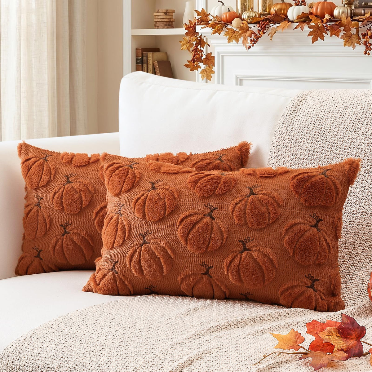 Artscope Fall Pumpkin Throw Pillow Covers 18x18 Set of 2, Autumn Soft Plush Faux Fur Decoration Cushion Covers for Thanksgiving Holiday Couch Sofa Bedroom Home Decor-Mustard Yellow