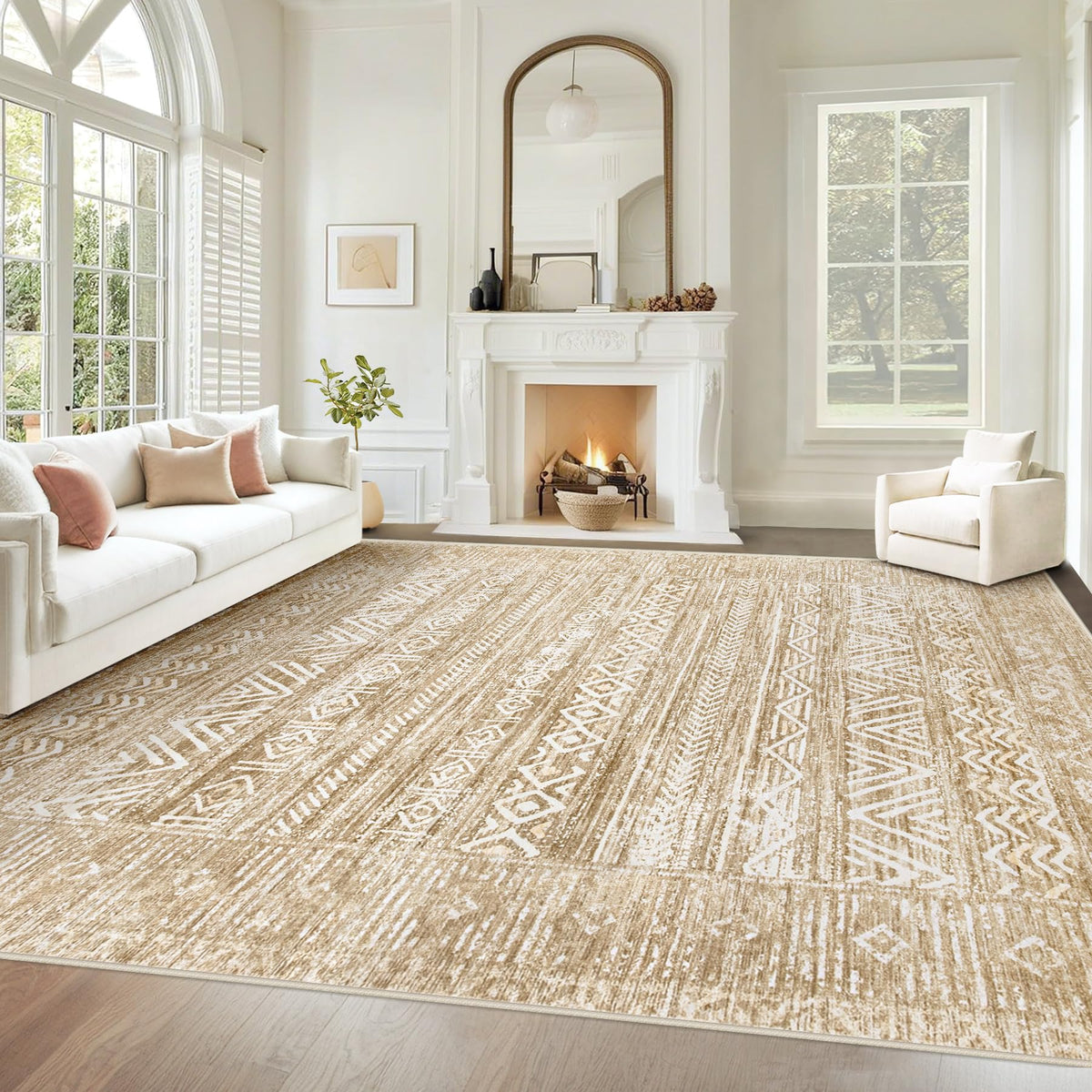 Living Room Rugs 8x10: Washable Moroccan Geometric Boho Rug Farmhouse Non Slip Stain Resistant Large Rug Low Pile Soft Carpet for Bedroom Dining Room Children Room (Beige,8'x10')