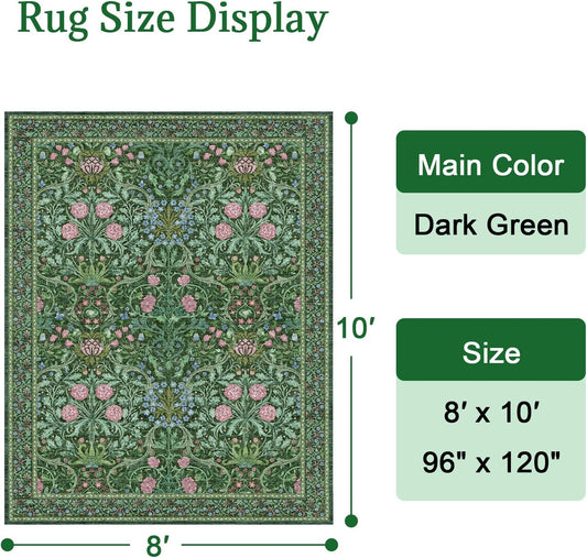 Lotus Karen Dark Green 8x10 Washable Area Rug, Vintage Low Pile Carpet with Non Slip Backing, Large Indoor Rug for Living Room Dining Room Bedroom Kitchen Under Table, Stain Resistant Home Decor