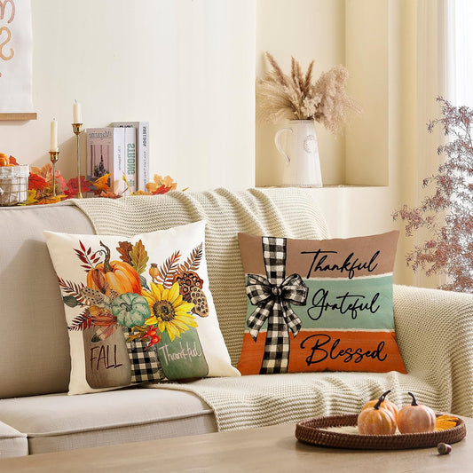 Fall Pillow Covers 18x18 Set of 4 Rustic Indoor Outdoor Decorations Fall Decor for Home Blue Throw Pillow Covers,Thankful Grateful Linen Autumn Cushion Case for Sofa Couch Chair Bedroom