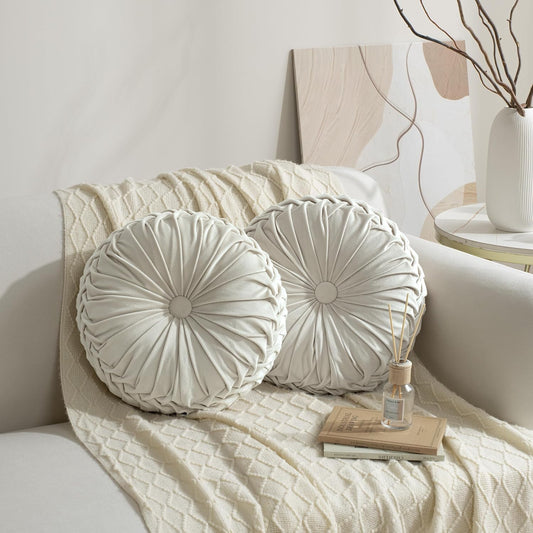 HIG Set of 2 Beige Velvet Decorative Round Pleated Throw Pillows