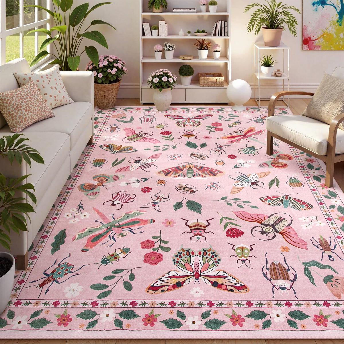 Lahome Bug Washable Area Rugs 5x7, Soft Green Rug for Living Room Bedroom