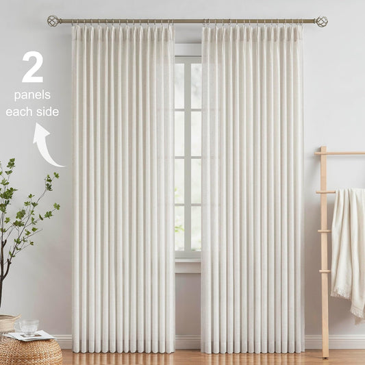 Vision Home Natural Linen Pinch Pleated Semi Sheer Curtains 42Wx90Lx2