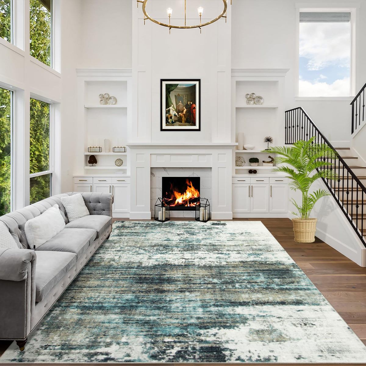 8x10 Area Rugs for Living Room: Washable Abstract Black Grey Gold Carpet