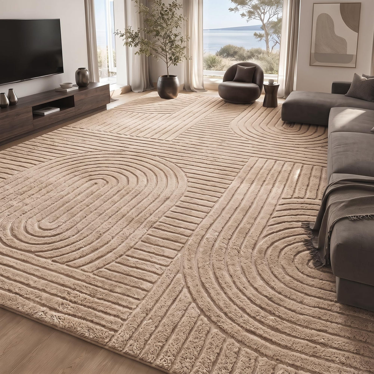 Beige Solid Area Rug 8x10, Washable Rugs for Living Room Bedroom