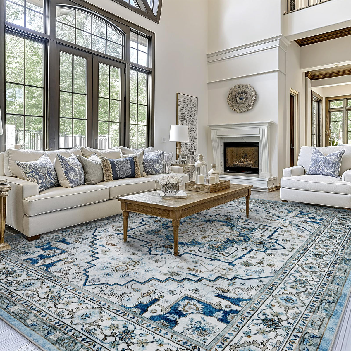 Washable Area Rug for Living Room: 9x12 Modern Abstract Neutral Soft Rug for Bedroom Dining Room No Slip Low Pile Carpet for Nursery Home Office - Grey/Blue
