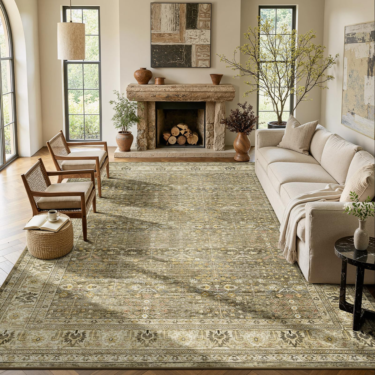 Lofus 9x12 Washable Area Rug for Living Room, Non-Slip Green Boho Carpet