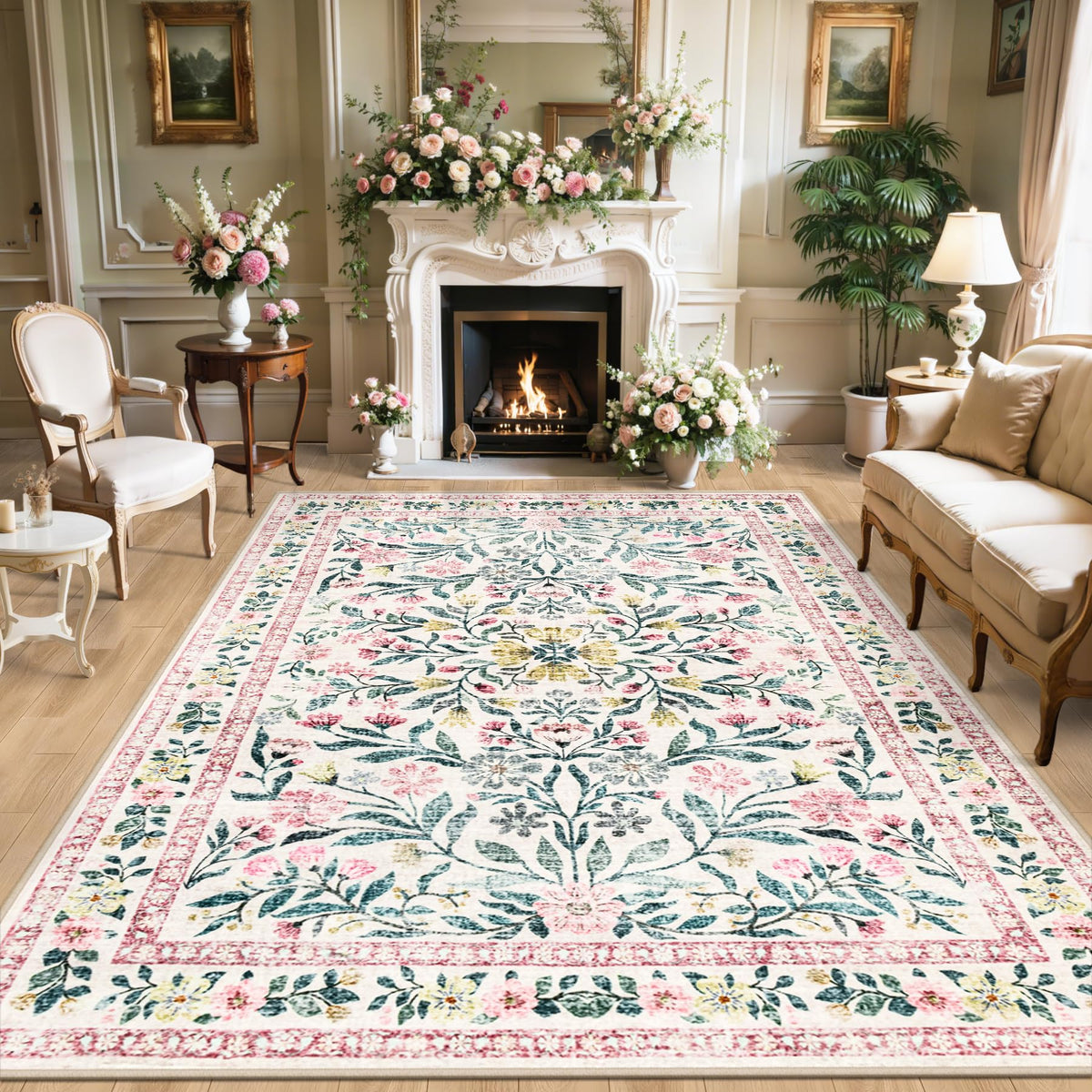 PLHXFR 8x10 Area Rug Living Room: Floral Washable Boho Carpet Dark Green