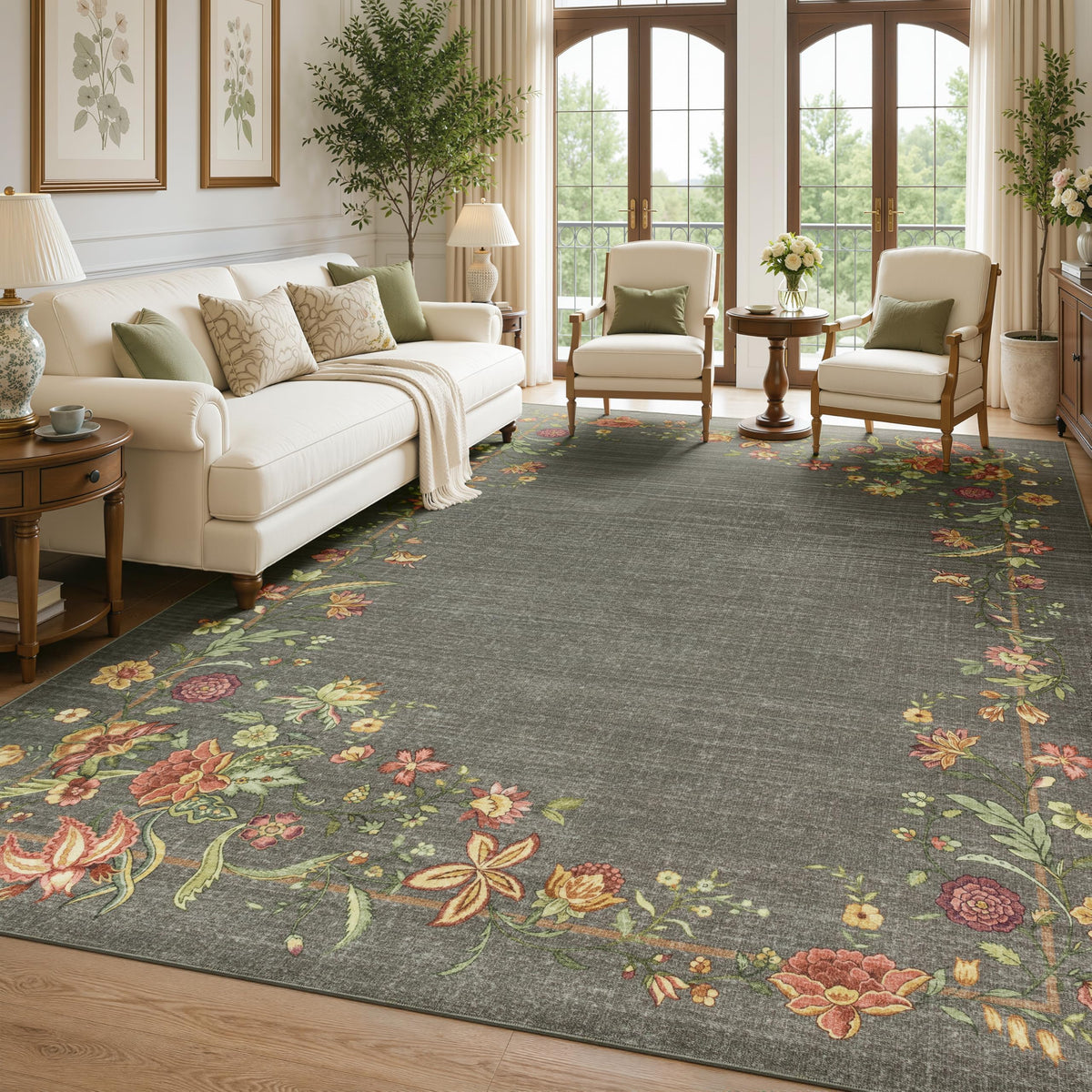 JOLLYVOGUE Washable 8x10 Area Rug for Living Room, Vintage Floral, Beige
