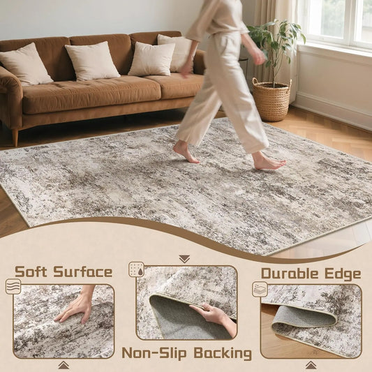 ComiComi Vintage Brown Boho 8'x10' Rectangle Geometric Area Rug - Ultra-Thin, Washable, Foldable, Non-Slip, Stain-Resistant, Super Soft Low-Pile Home Decorative Rug for Living Room, Bedroom