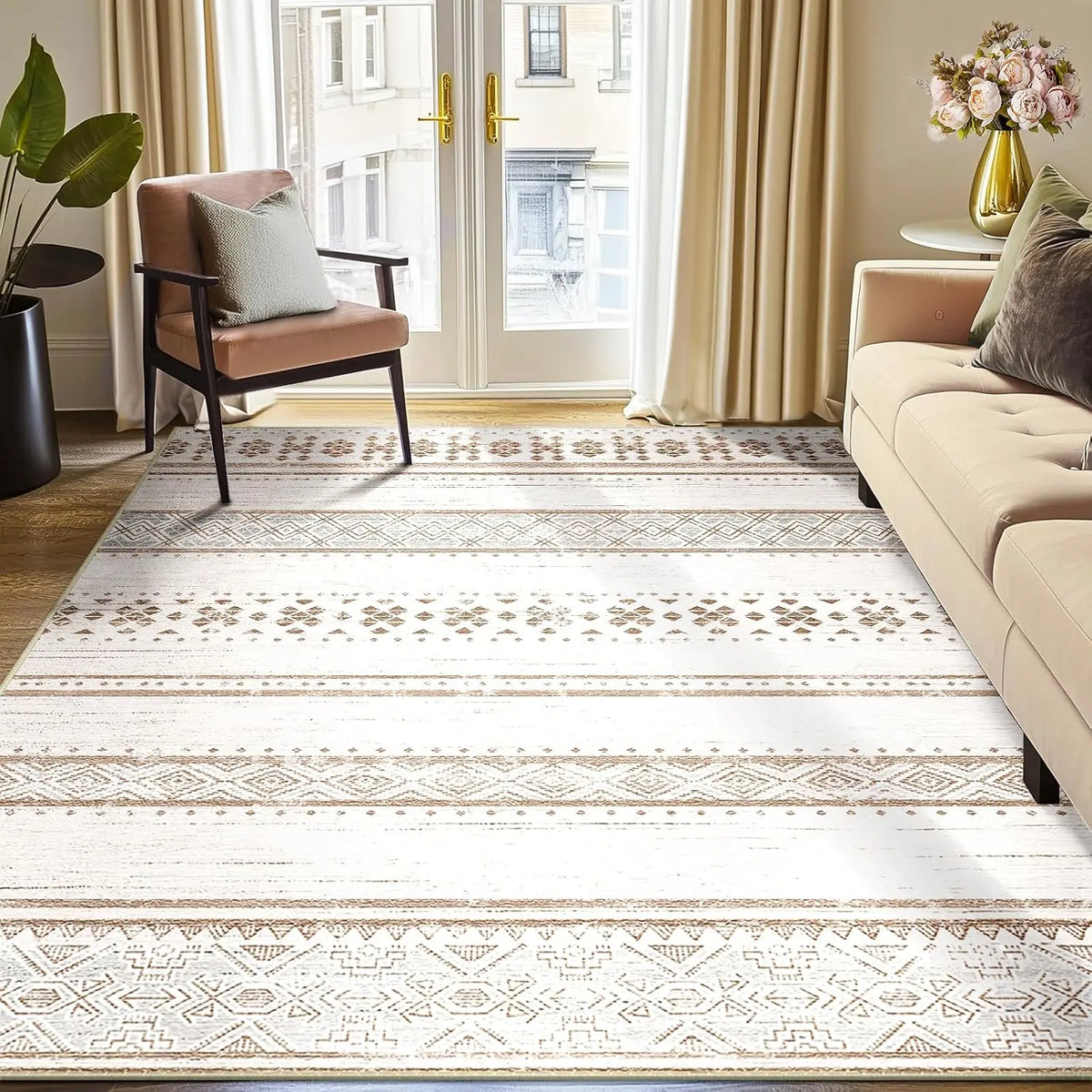 BESTSWEETIE Machine Washable Indoor Area Rug - Large Soft Faux Wool Geometric Aztec Rug, Non-Slip Wrinkle Resistant, OEKO-TEX Certified, for Living Room Decor & Bedroom, Various Sizes, Rustic Farmhouse Essentials