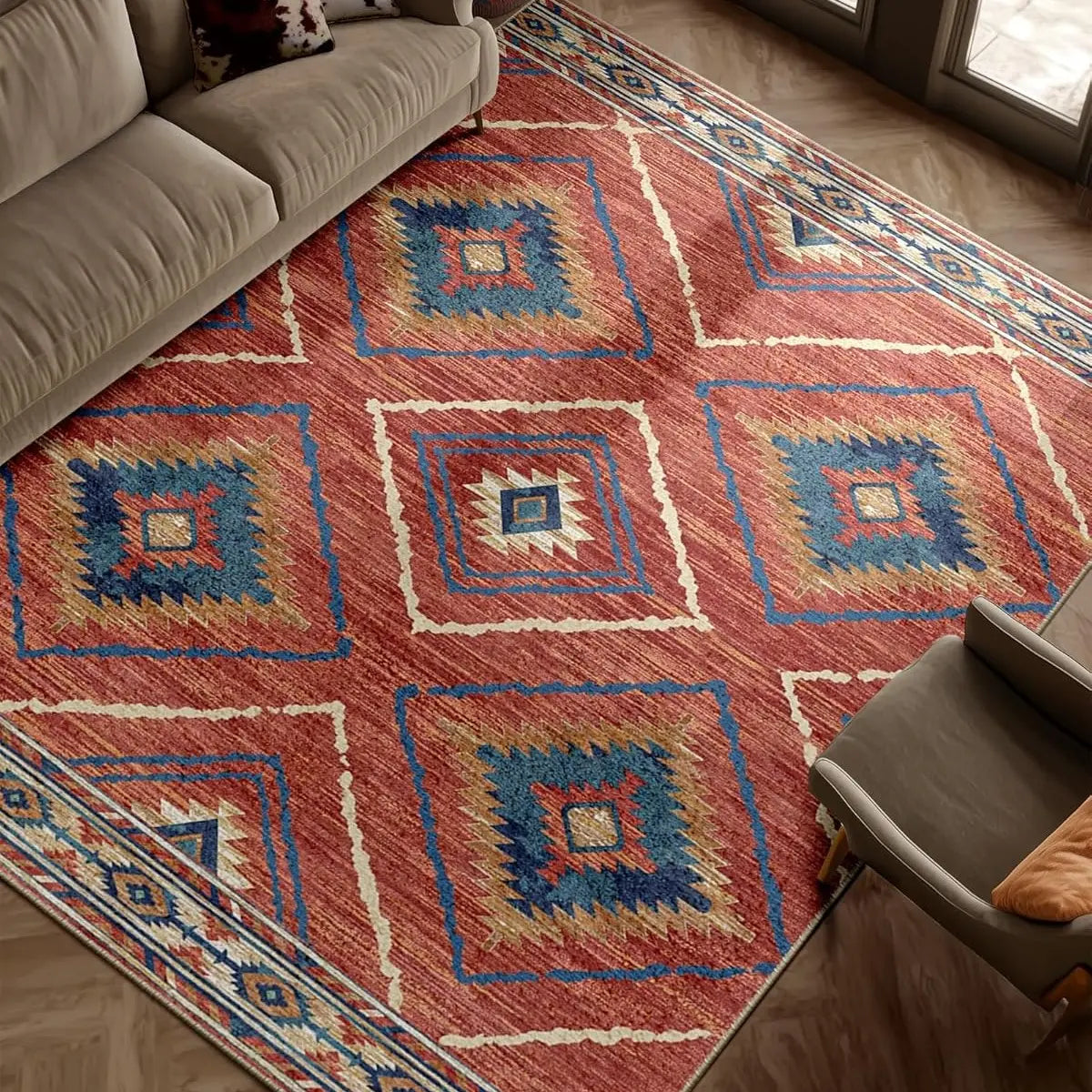 BESTSWEETIE Machine Washable Indoor Area Rug - Large Soft Faux Wool Geometric Aztec Rug, Non-Slip Wrinkle Resistant, OEKO-TEX Certified, for Living Room Decor & Bedroom, Various Sizes, Rustic Farmhouse Essentials