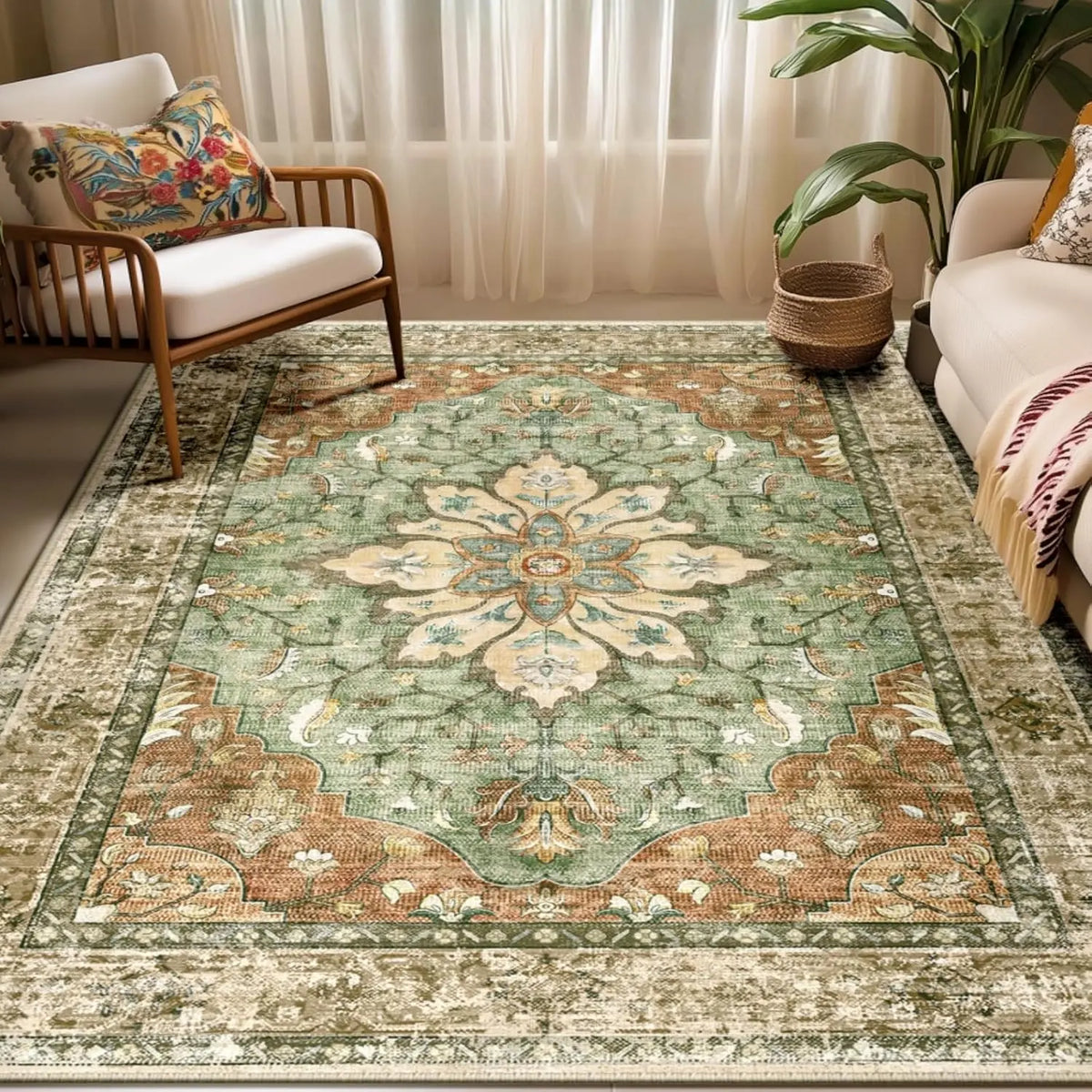 BESTSWEETIE Machine Washable Indoor Area Rug - Large Soft Faux Wool Geometric Aztec Rug, Non-Slip Wrinkle Resistant, OEKO-TEX Certified, for Living Room Decor & Bedroom, Various Sizes, Rustic Farmhouse Essentials