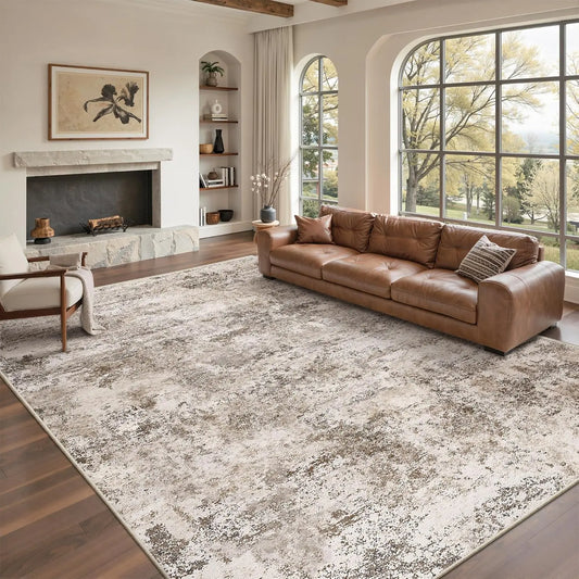 ComiComi Vintage Brown Boho 8'x10' Rectangle Geometric Area Rug - Ultra-Thin, Washable, Foldable, Non-Slip, Stain-Resistant, Super Soft Low-Pile Home Decorative Rug for Living Room, Bedroom