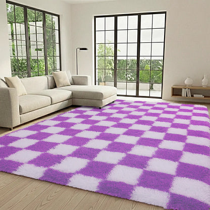 【Moving Season】QULINT Fluffy Checkered Shag Area Rug for Bedroom Living Room, Modern Geometric Grid Plush Carpet with Upgrade Non-Slip Backing, Ultra Soft High Pile Fuzzy Floor Rug for Home Decor, Cozy SilkTouch Rug for Apartment Dorm Nursery Room, Room,