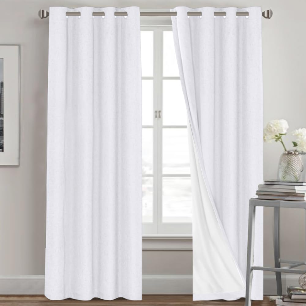 PrinceDeco Natural Linen Curtains 100% Blackout Linen Curtains for Bedroom Full Blackout Curtains 84 Inches Long Living Room Thermal Insulated Light Blocking Curtain Drapes White Backing, 2 Panels