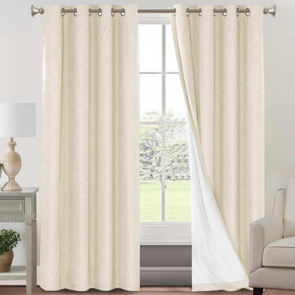 PrinceDeco Natural Linen Curtains 100% Blackout Linen Curtains for Bedroom Full Blackout Curtains 84 Inches Long Living Room Thermal Insulated Light Blocking Curtain Drapes White Backing, 2 Panels