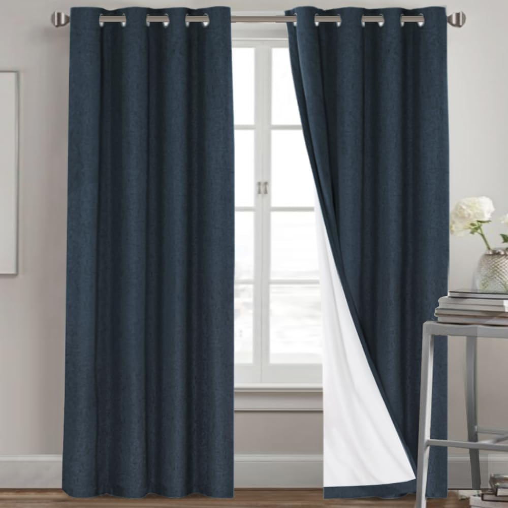 PrinceDeco Natural Linen Curtains 100% Blackout Linen Curtains for Bedroom Full Blackout Curtains 84 Inches Long Living Room Thermal Insulated Light Blocking Curtain Drapes White Backing, 2 Panels