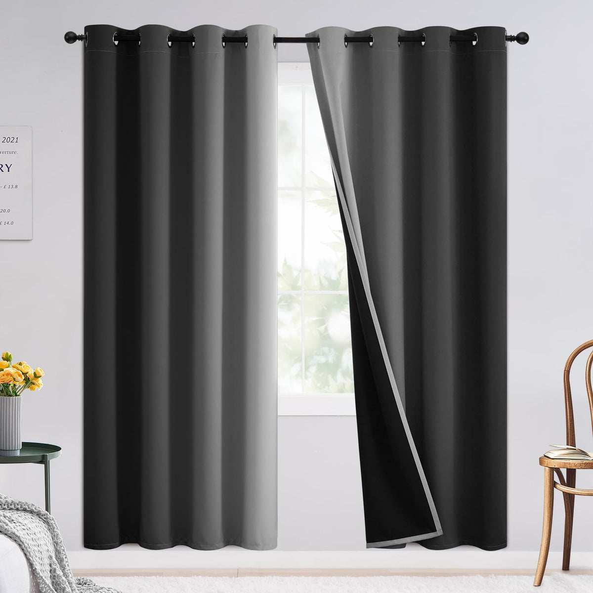SimpleHome Ombre Black to Grey White Curtains for Living Room 52Wx84L