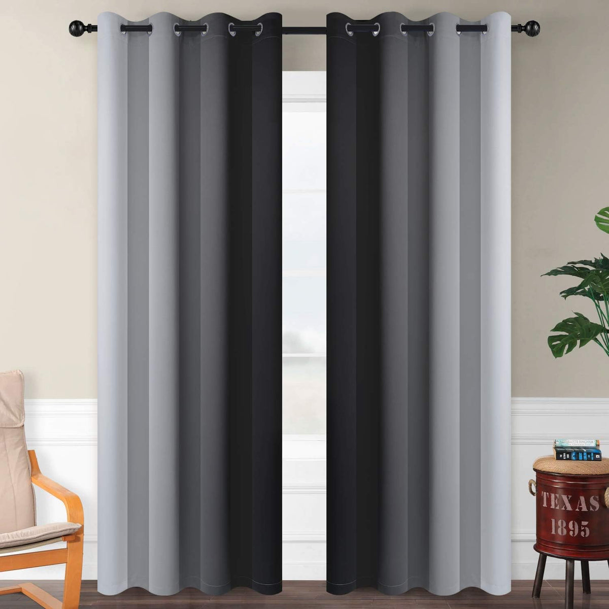 SimpleHome Ombre Black to Grey White Curtains for Living Room 52Wx84L