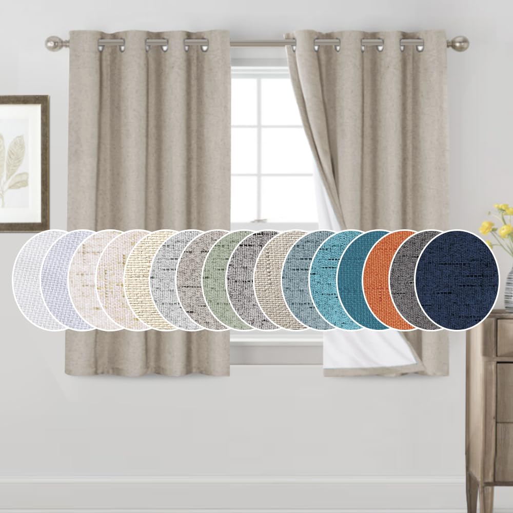 PrinceDeco Natural Linen Curtains 100% Blackout Linen Curtains for Bedroom Full Blackout Curtains 84 Inches Long Living Room Thermal Insulated Light Blocking Curtain Drapes White Backing, 2 Panels