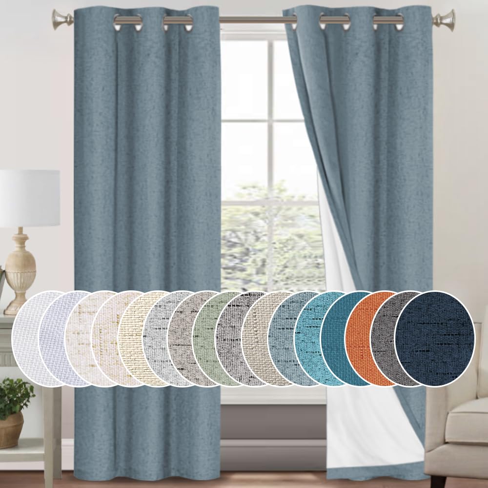 PrinceDeco Natural Linen Curtains 100% Blackout Linen Curtains for Bedroom Full Blackout Curtains 84 Inches Long Living Room Thermal Insulated Light Blocking Curtain Drapes White Backing, 2 Panels