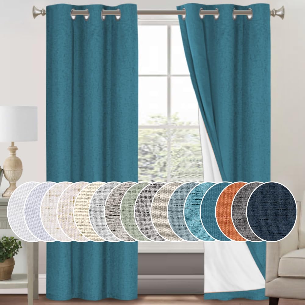 PrinceDeco Natural Linen Curtains 100% Blackout Linen Curtains for Bedroom Full Blackout Curtains 84 Inches Long Living Room Thermal Insulated Light Blocking Curtain Drapes White Backing, 2 Panels