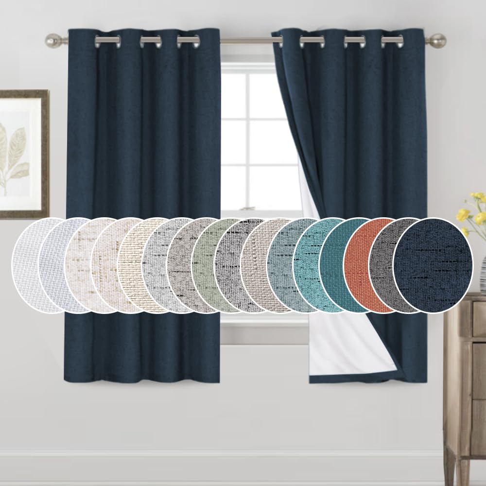 PrinceDeco Natural Linen Curtains 100% Blackout Linen Curtains for Bedroom Full Blackout Curtains 84 Inches Long Living Room Thermal Insulated Light Blocking Curtain Drapes White Backing, 2 Panels