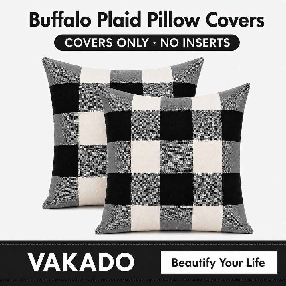 VAKADO Outdoor Plaid Throw Pillow Covers 18x18 Set of 2, Black & White