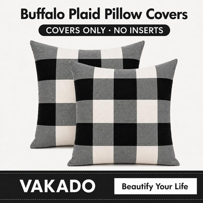 VAKADO Outdoor Plaid Throw Pillow Covers 18x18 Set of 2, Black & White