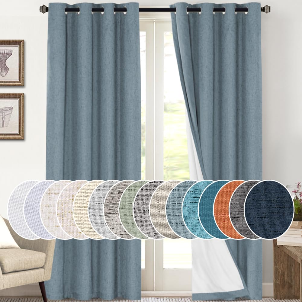 PrinceDeco Natural Linen Curtains 100% Blackout Linen Curtains for Bedroom Full Blackout Curtains 84 Inches Long Living Room Thermal Insulated Light Blocking Curtain Drapes White Backing, 2 Panels