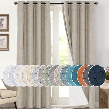 PrinceDeco Natural Linen Curtains 100% Blackout Linen Curtains for Bedroom Full Blackout Curtains 84 Inches Long Living Room Thermal Insulated Light Blocking Curtain Drapes White Backing, 2 Panels
