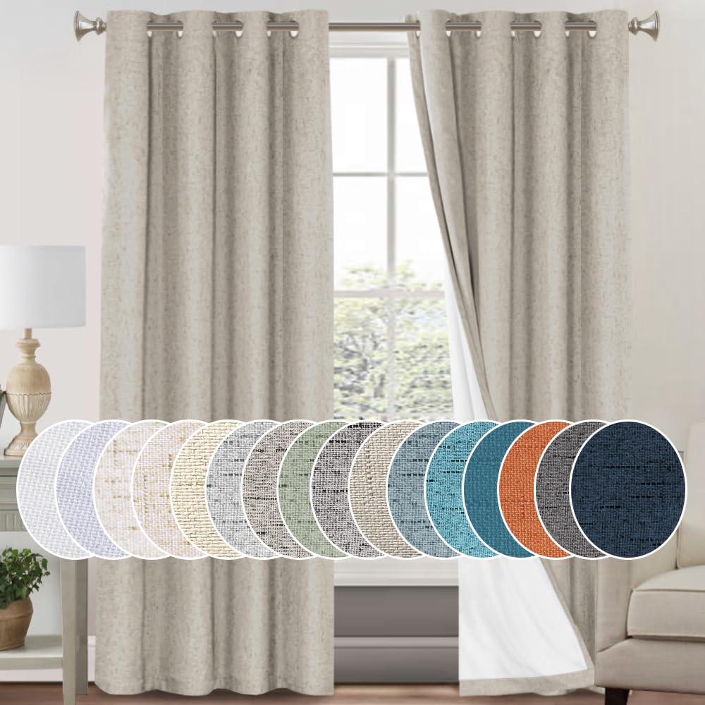 PrinceDeco Natural Linen Curtains 100% Blackout Linen Curtains for Bedroom Full Blackout Curtains 84 Inches Long Living Room Thermal Insulated Light Blocking Curtain Drapes White Backing, 2 Panels