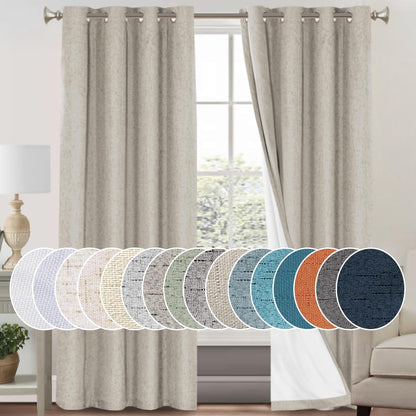 PrinceDeco Natural Linen Curtains 100% Blackout Linen Curtains for Bedroom Full Blackout Curtains 84 Inches Long Living Room Thermal Insulated Light Blocking Curtain Drapes White Backing, 2 Panels